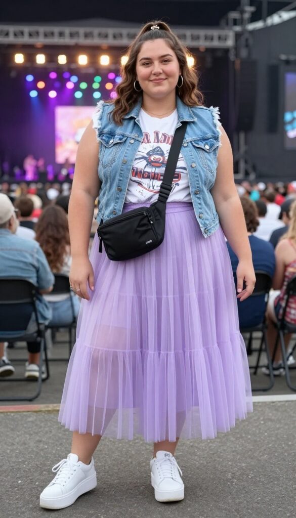 7. Tulle Skirt with a Graphic Tee and Denim Vest