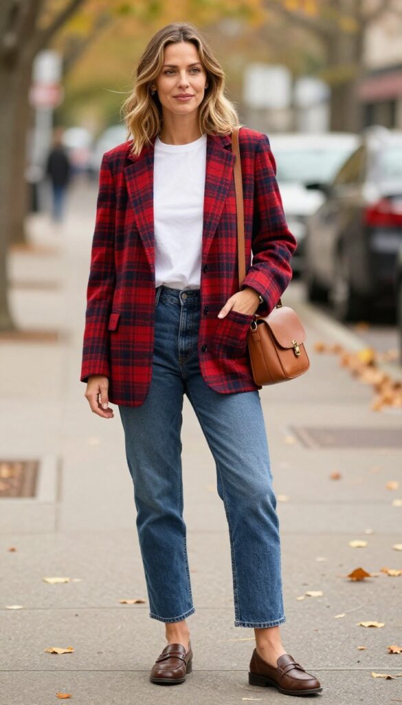 3. Plaid Blazer with Straight-Leg Jeans