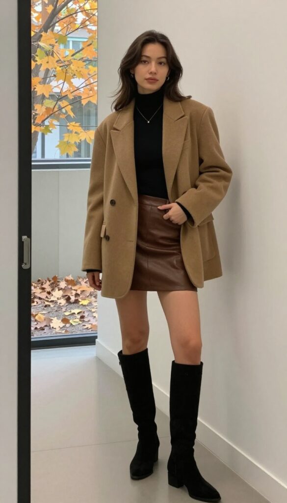 10. Oversized Blazer + Turtleneck + Mini Skirt + Over-the-Knee Boots