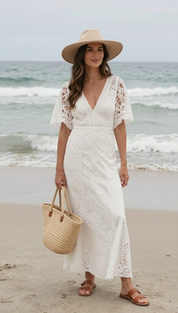 Boho beach walk outfit with lacy wedding dress, floppy hat, and sandals