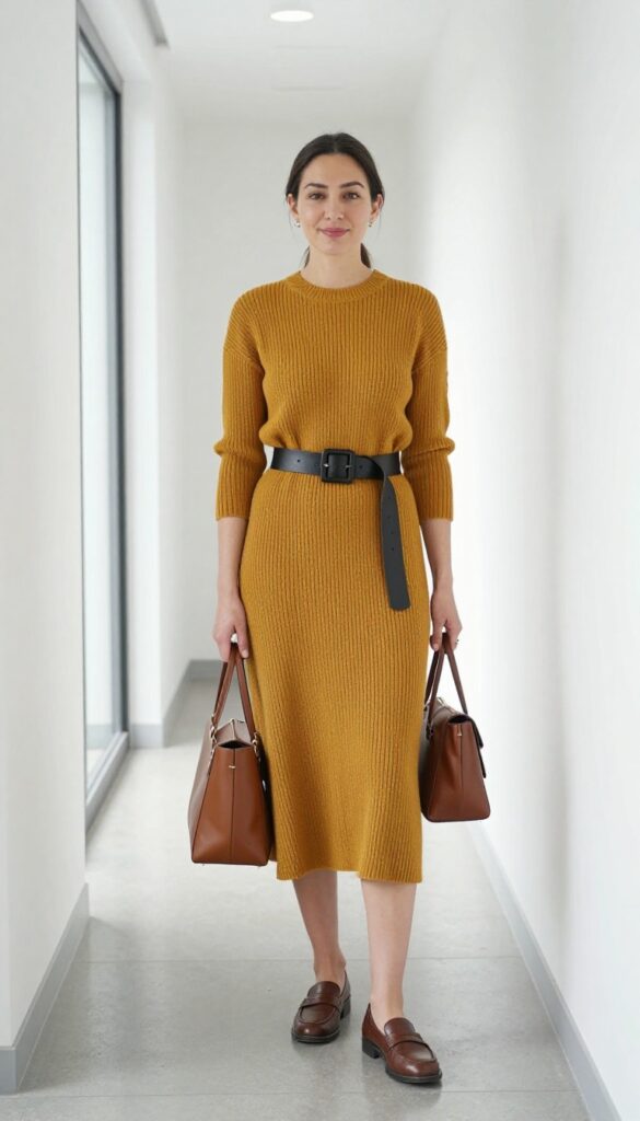 15. The Knit Dress with a Statement Belt and Loafers