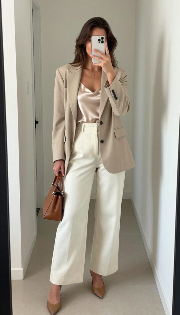 2. Beige Blazer + Silk Camisole + Wide-Leg Trousers + Heeled Mules