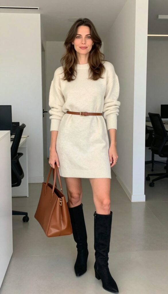 4. Sweater Dress + Belt + Knee-High Boots