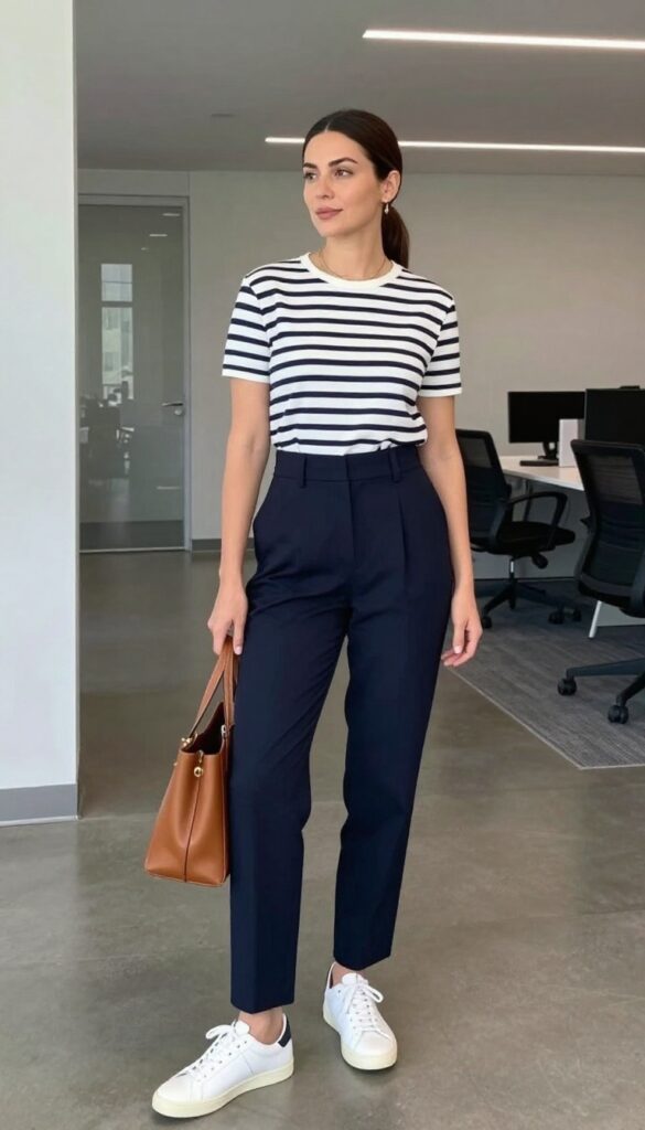 2. Striped Breton Top + Navy Trousers + White Sneakers