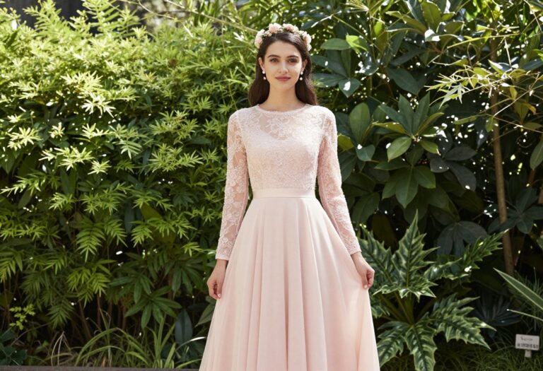 A woman in a modest blush pink princess wedding dress with lace sleeves and a floral crown in a garden