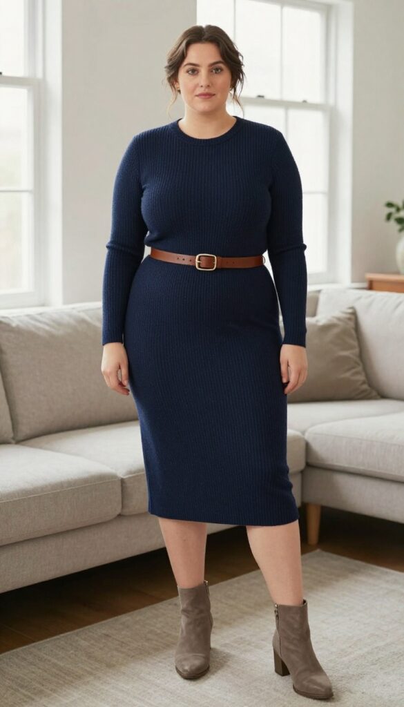 13. Navy Knit Dress with a Leather Belt and Ankle Boots