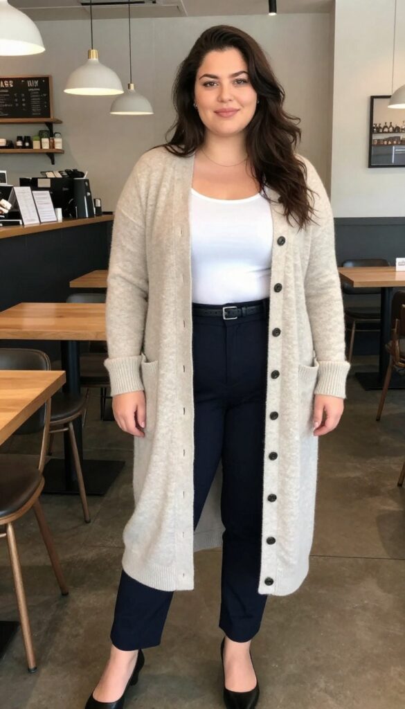 11. Cardigan as a Top with Tailored Trousers