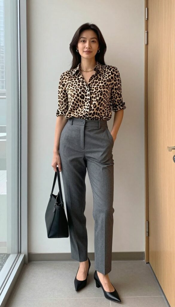 12. Gray Pants + Leopard Print Blouse + Black Pumps