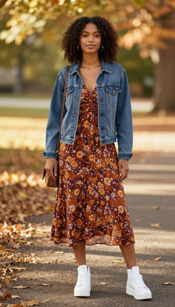 5. Denim Jacket + Floral Maxi Dress + White Sneakers