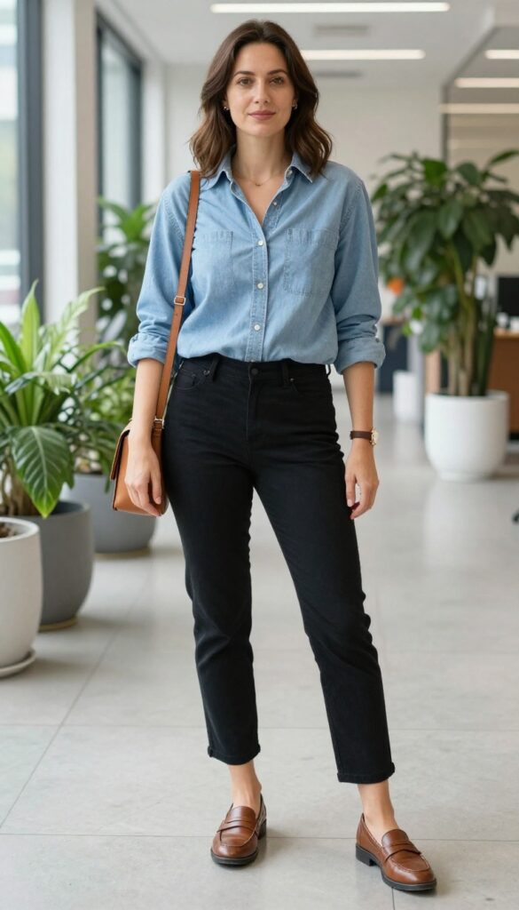 8. Chambray Shirt + Black Trousers + Loafers