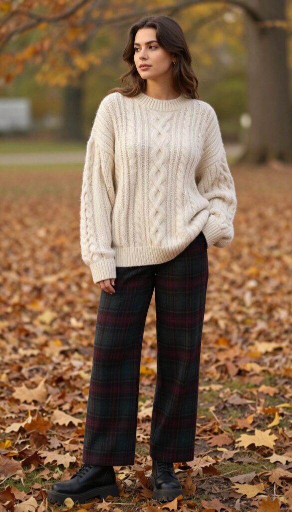 5. Oversized Sweater with Plaid Pants and Chunky Boots