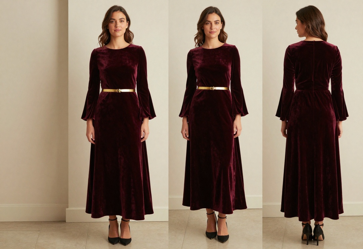 Woman in a burgundy velvet medieval-inspired gown with bell sleeves and gold belt, standing in a warm indoor setting.