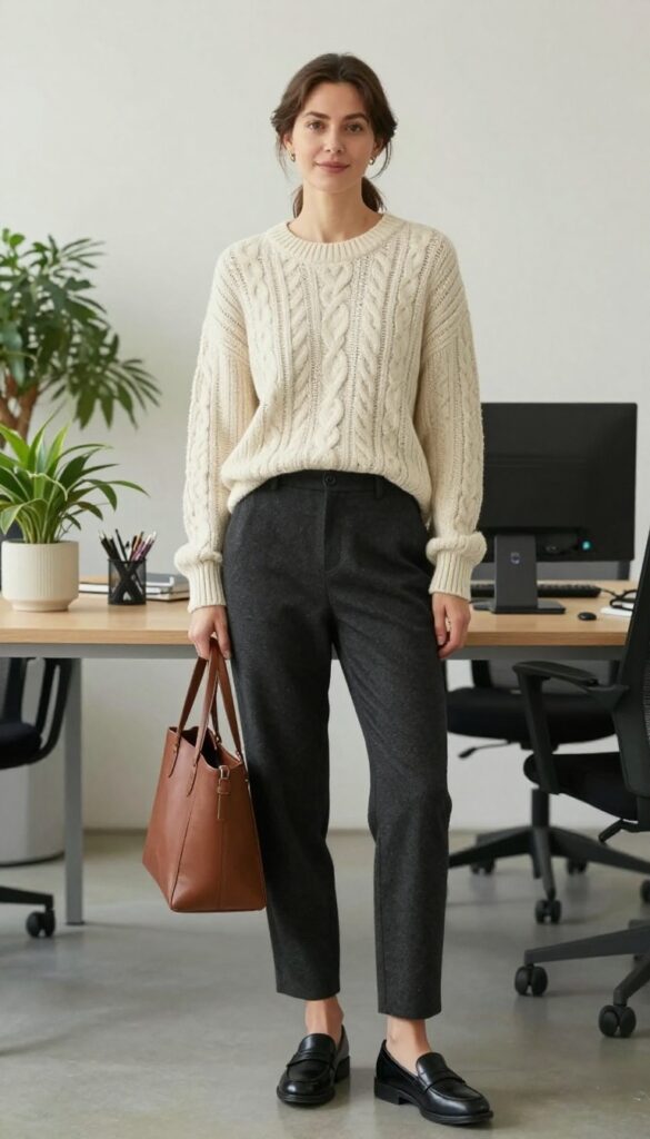 1. Chunky Cable-Knit Sweater with Tailored Trousers