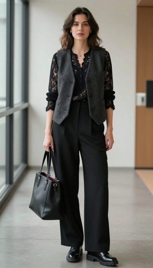 3. The Lace-Trimmed Blouse Under a Tailored Vest