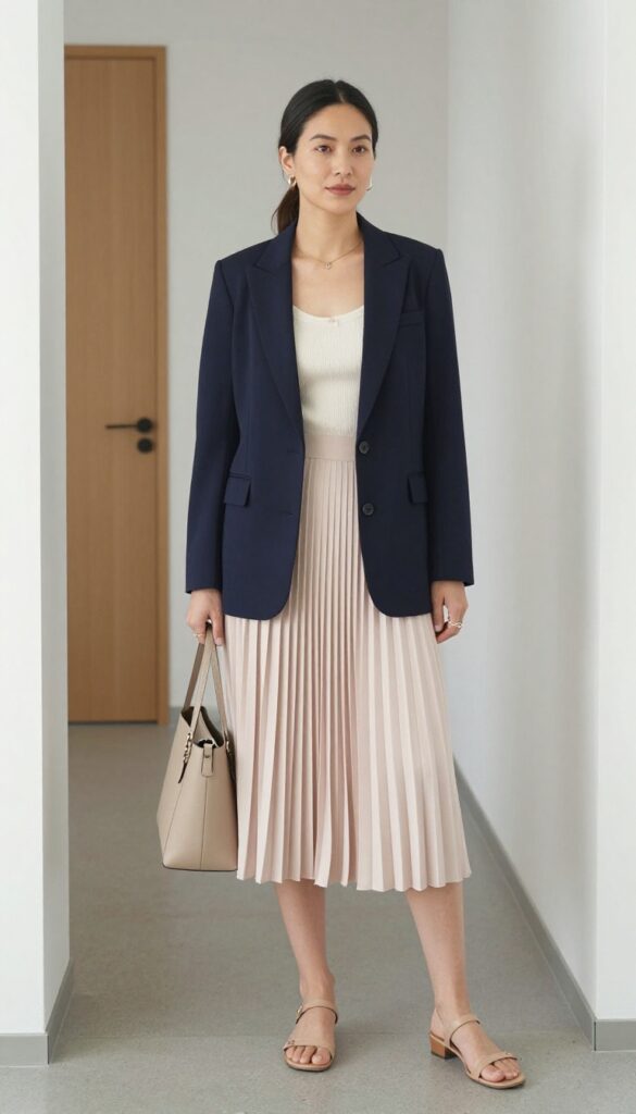 8. Blue Blazer + Knit Tank + Pleated Midi Skirt + Strappy Sandals