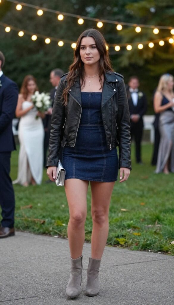 Woman wearing dark denim mini dress, black leather jacket, taupe suede ankle boots, and silver clutch at evening wedding with string lights
