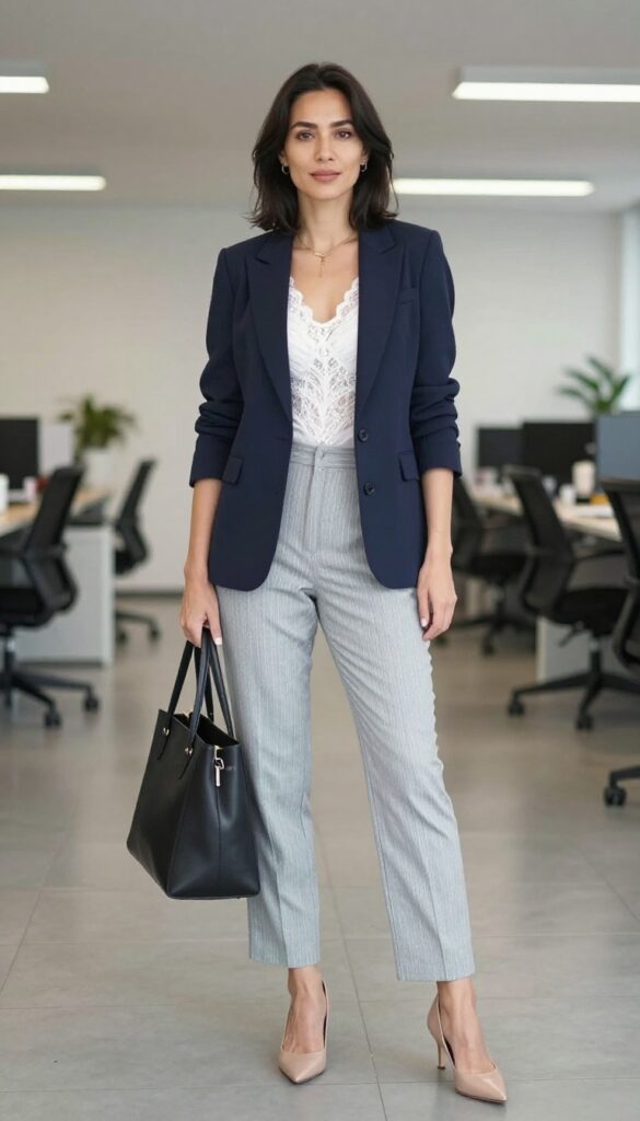 11. Blue Blazer + Lace Bodysuit + Pinstripe Pants + Pumps
