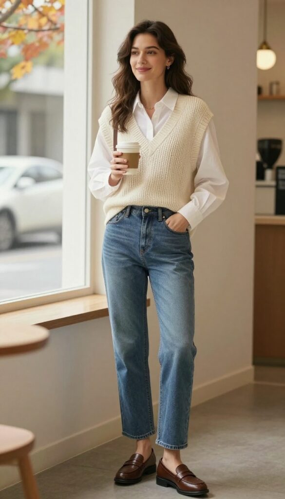 3. Chunky Knit Vest + White Button-Down + Straight-Leg Jeans