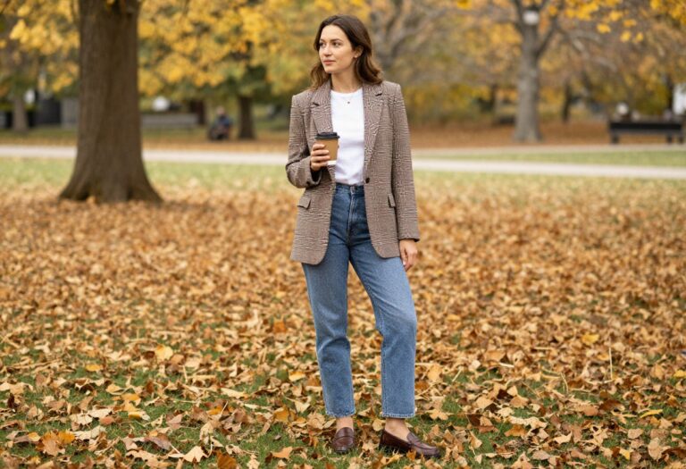 Woman in plaid blazer, white tee, jeans, and loafers in autumn park