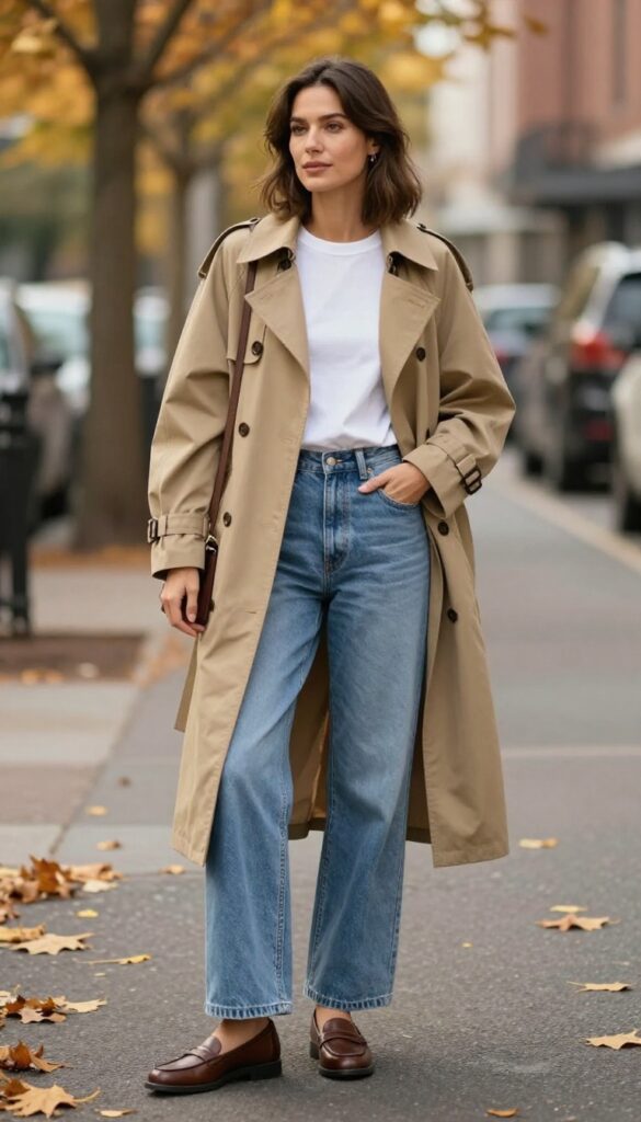 2. Lightweight Trench Coat + Wide-Leg Jeans + Loafers