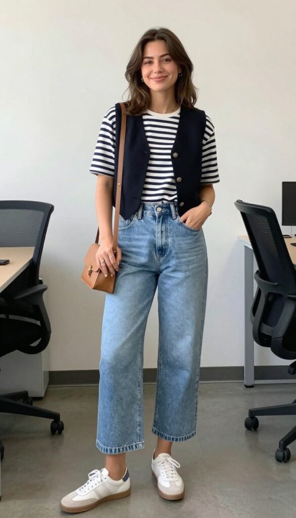 2. Black Vest + Striped Breton Top + Cropped Wide-Leg Jeans