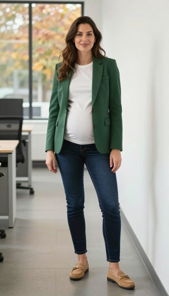 10. Maternity Blazer with a Basic Tee, Dark Jeans, and Loafers