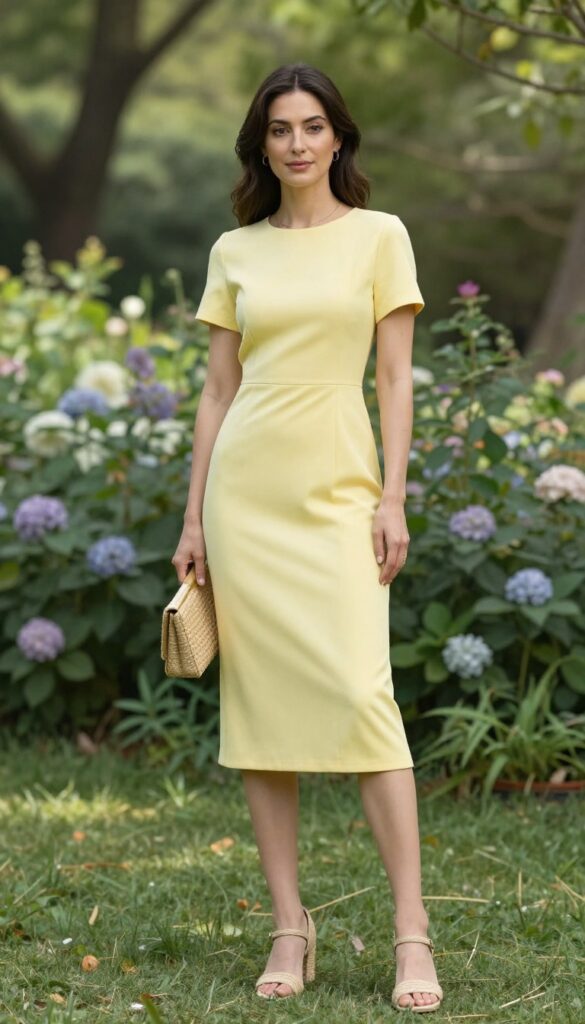 Woman in pale yellow fit-and-flare dress with raffia heels and woven clutch at garden wedding