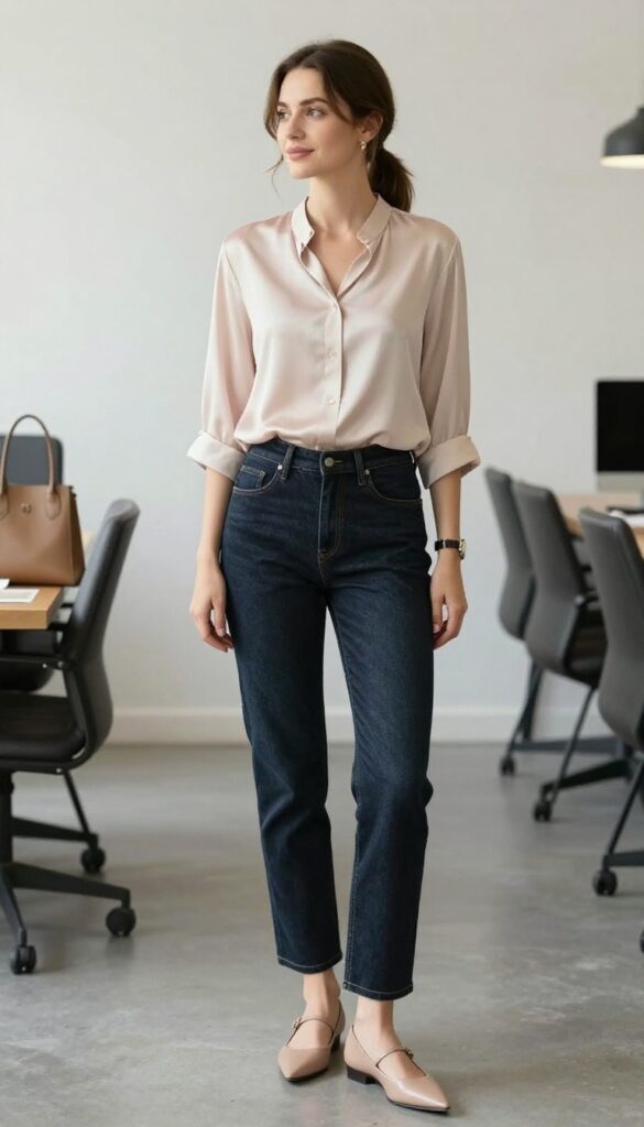 3. Dark Wash Jeans with a Silk Blouse