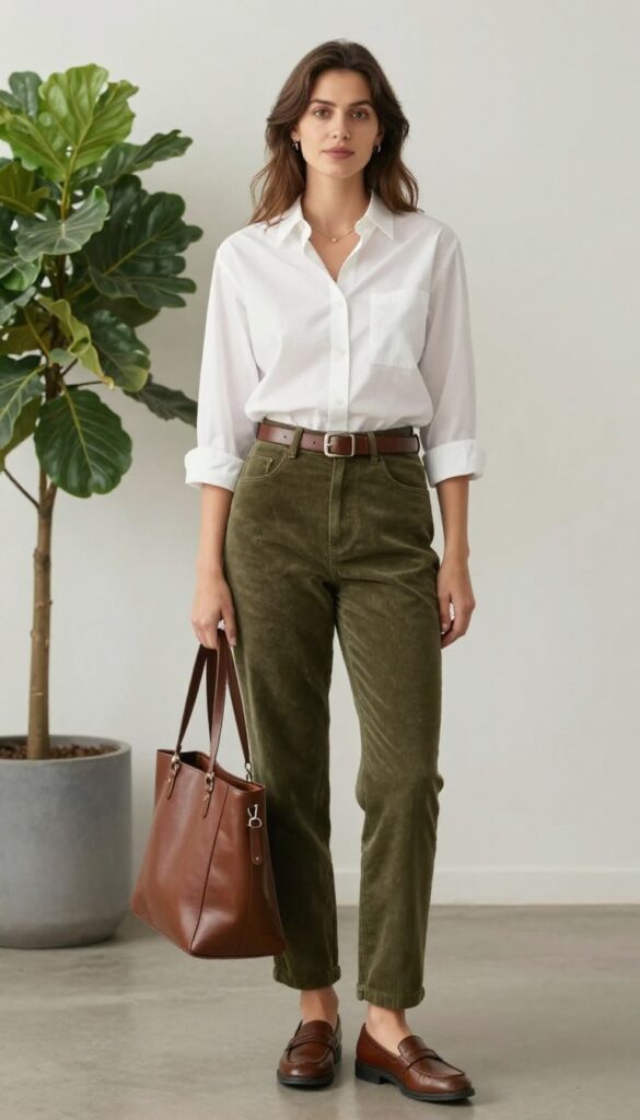4. Button-Down Shirt + Corduroy Pants + Leather Belt