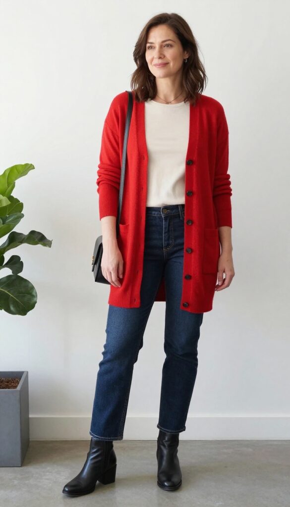 8. Red Cardigan + Dark Wash Jeans + Ankle Boots
