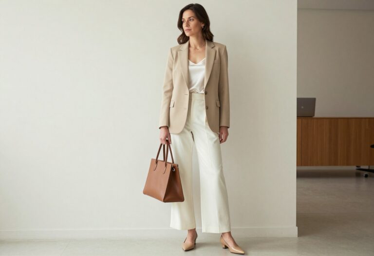 Woman in beige blazer and wide-leg trousers standing in office lobby