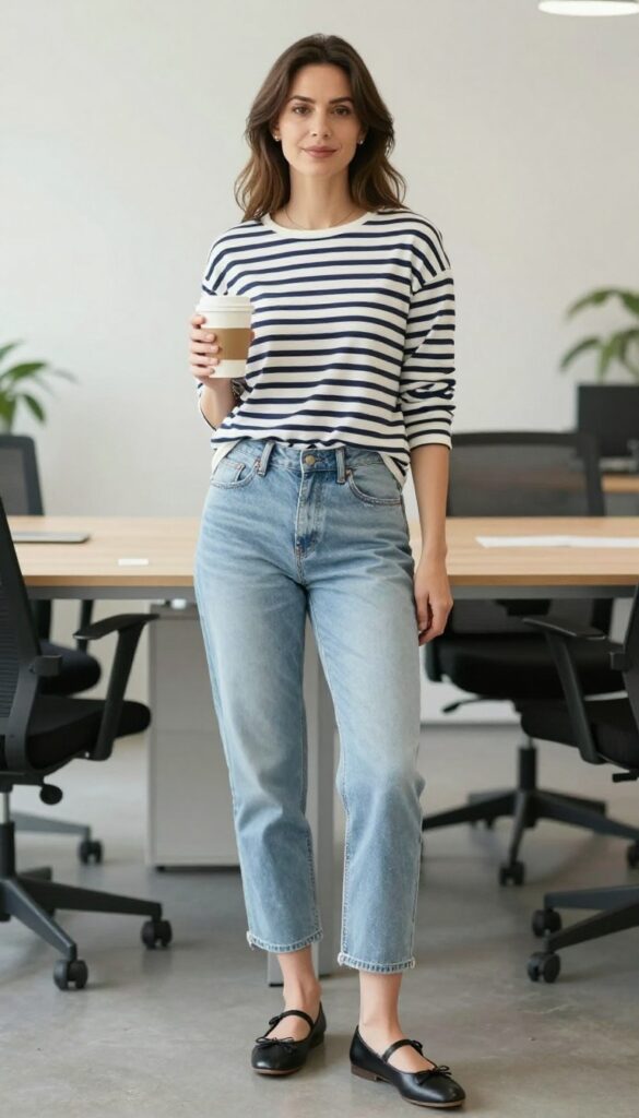 4. Striped Breton Top + Cropped Jeans + Ballet Flats