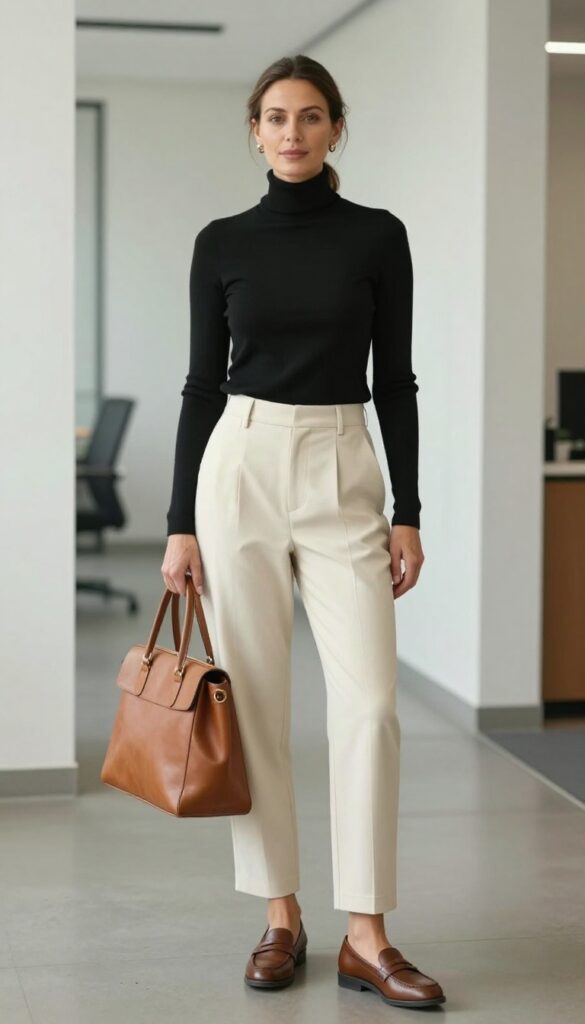 4. Turtleneck + Pleated Pants + Loafers