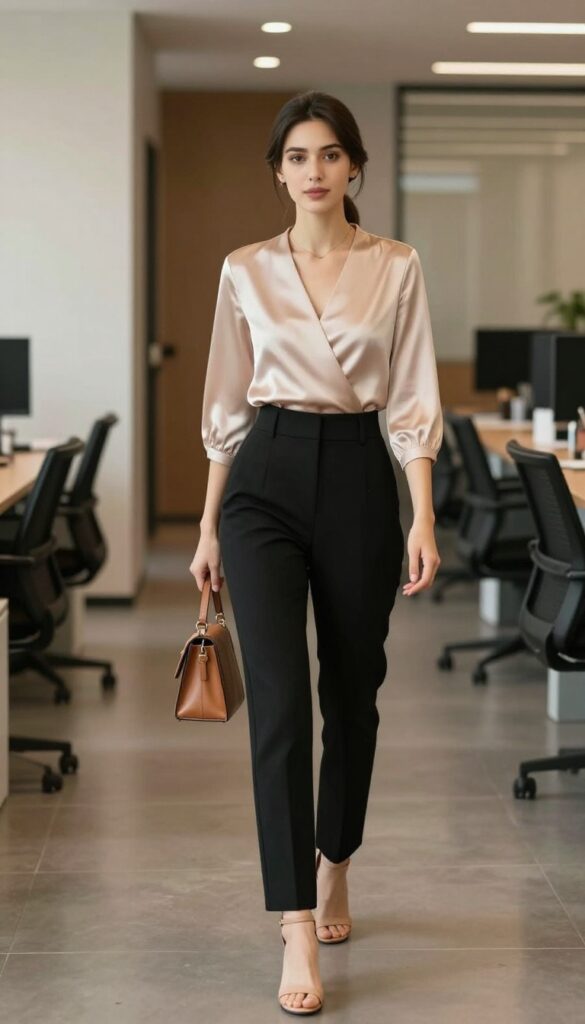9. Wrap Top + High-Waisted Trousers + Heeled Sandals