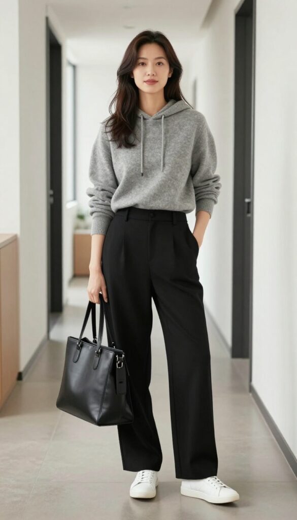 4. Cashmere Hoodie + Wide-Leg Trousers + Leather Sneakers