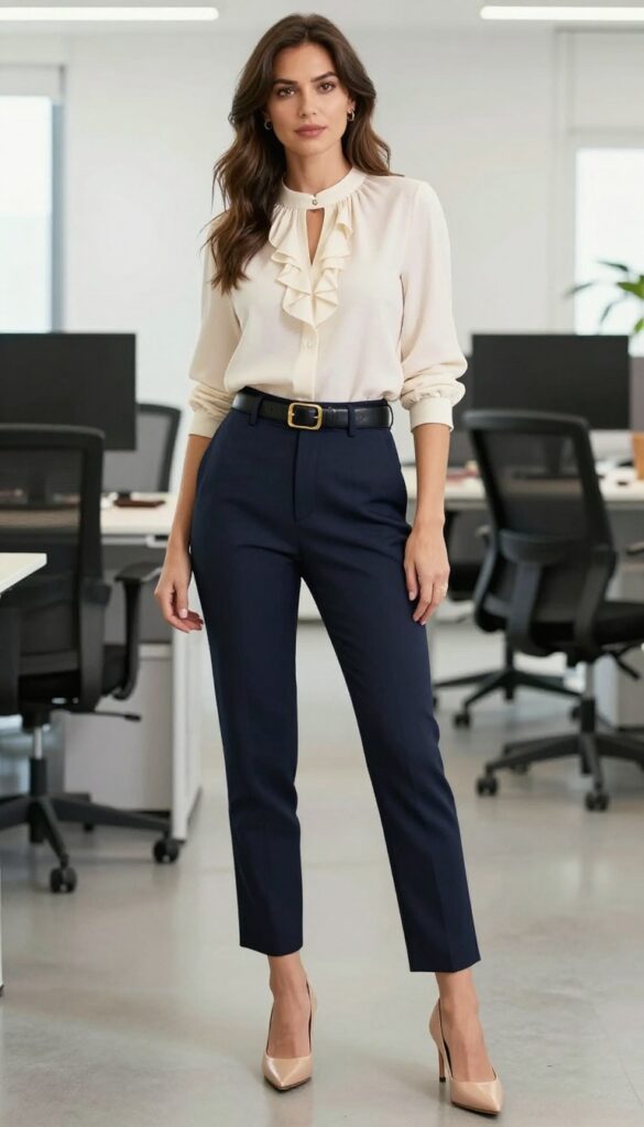 5. Blouse and Tailored Pants with a Statement Belt