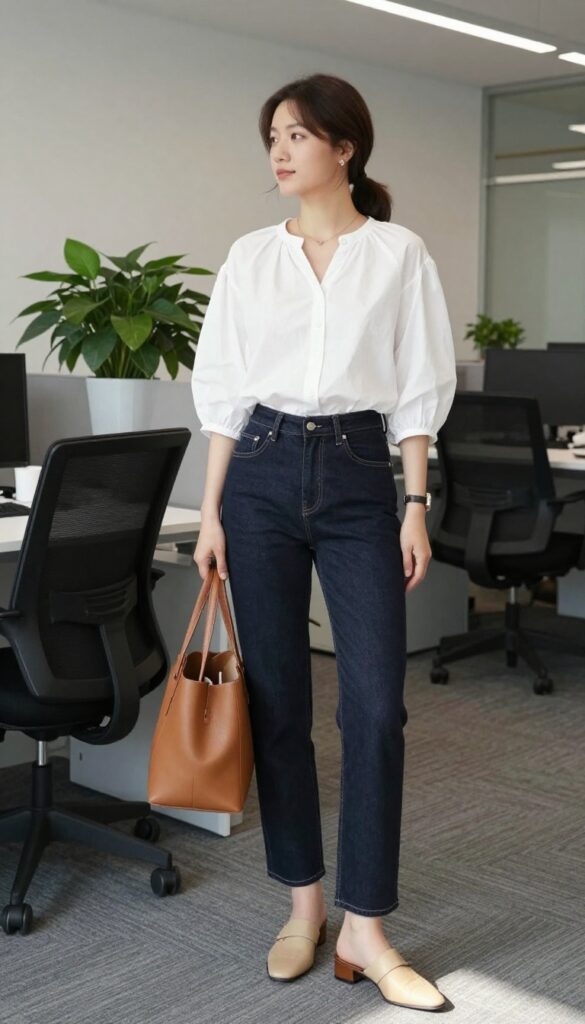 7. Puff-Sleeve Top + Straight-Leg Jeans + Mules