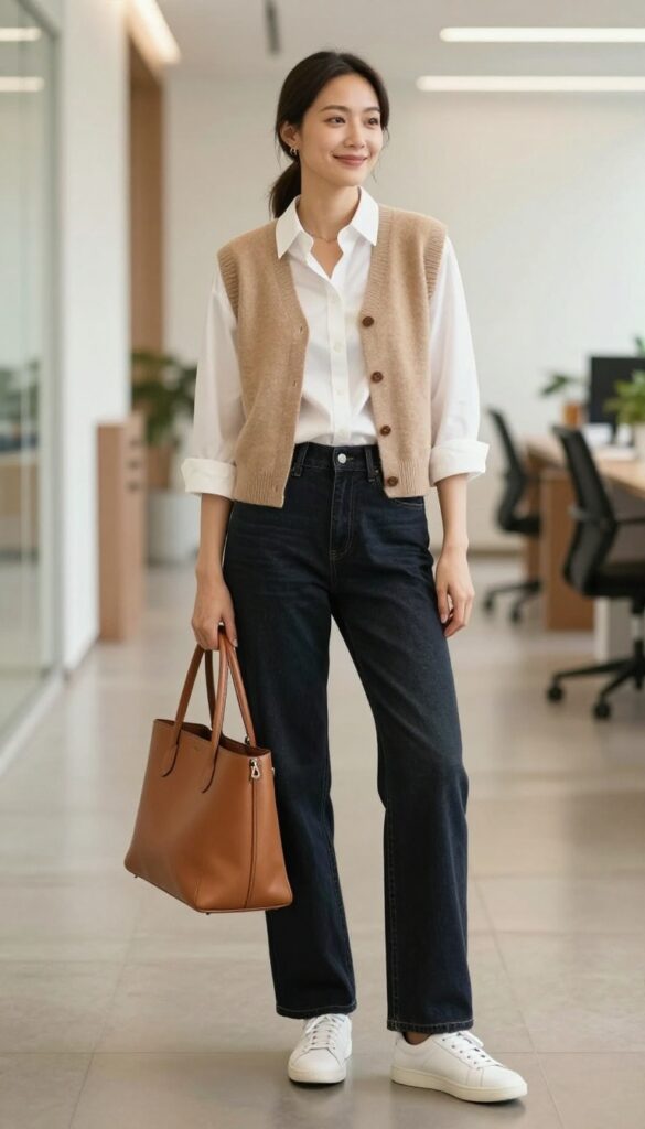 9. Sweater Vest + Button-Down + Wide-Leg Jeans + Sneakers