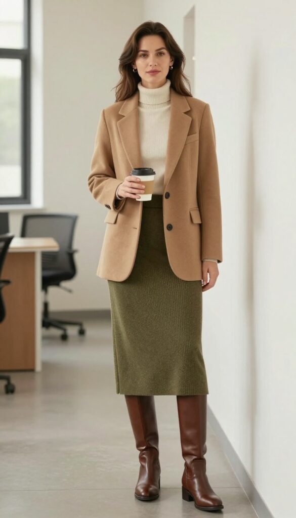 5. Blazer with a Turtleneck and Midi Skirt