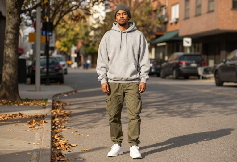 Man in fall streetwear outfit with oversized hoodie and cargo pants