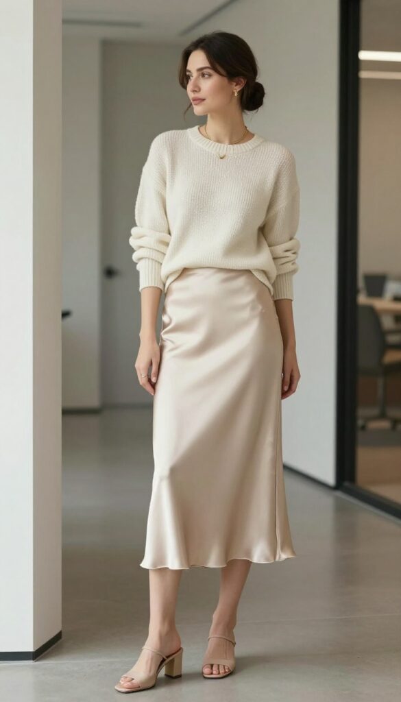 2. The Satin Slip Skirt & Cashmere Crewneck