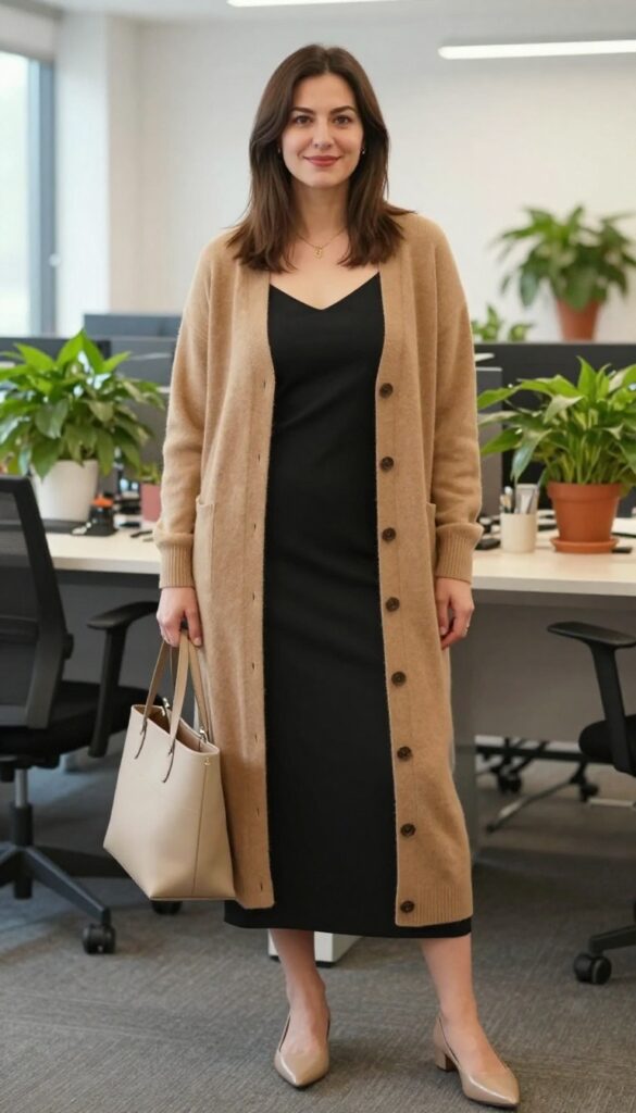 5. Cashmere Cardigan + Slip Dress + Pointed Flats