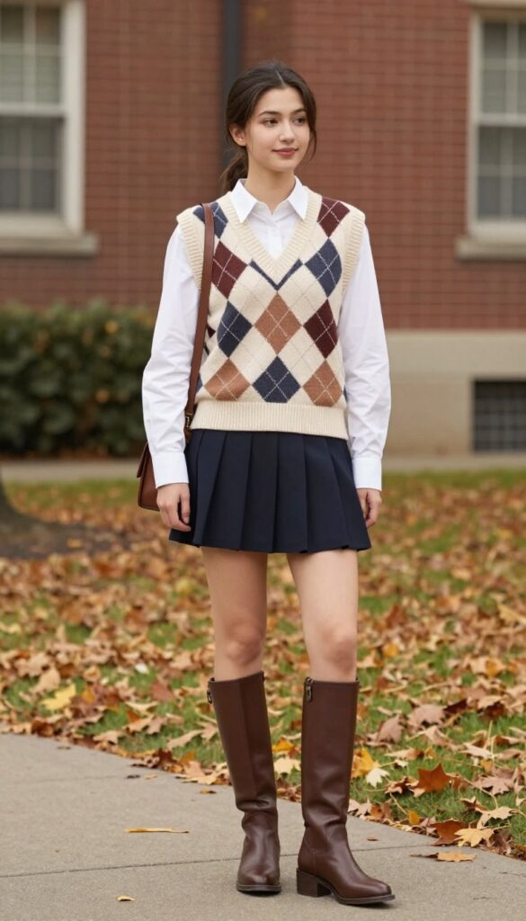 7. Knit Vest with a Button-Down Shirt, Mini Skirt, and Knee-High Boots