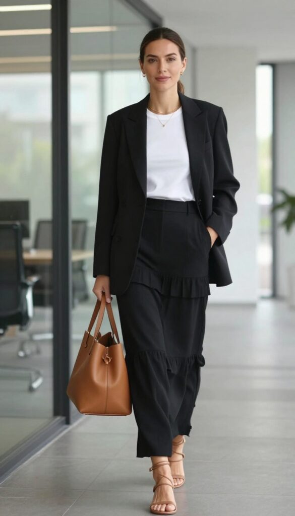 9. Tiered Skirt with a Simple Tee and Blazer
