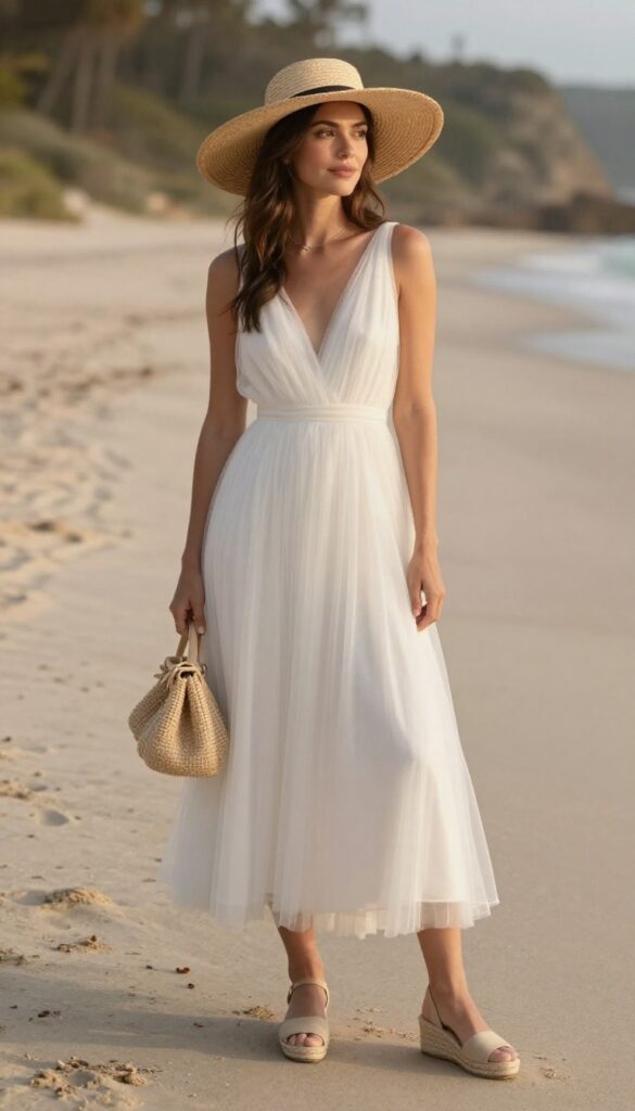Woman in sleeveless tulle wedding dress with wide-brim straw hat and espadrille wedges on beach at sunset