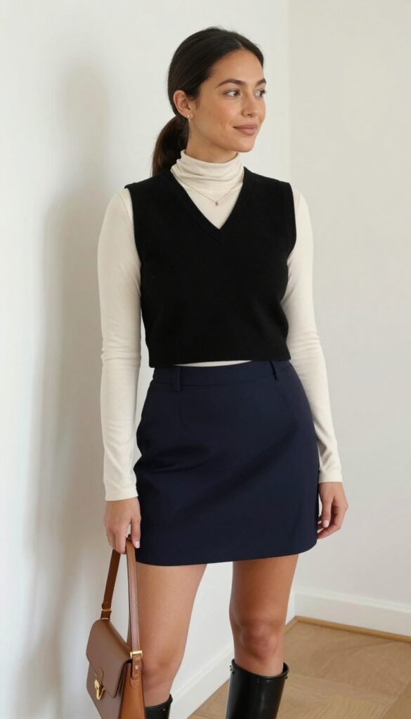 6. Cropped Vest with a High-Neck Top and A-Line Skirt