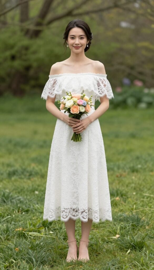 10. Off-Shoulder Dress with Ruffled Gloves