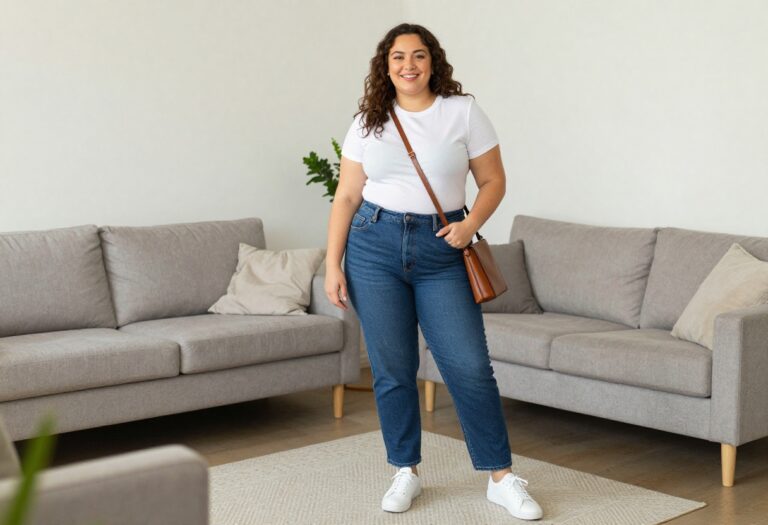 Plus size woman in high-waisted jeans and fitted tee, casual everyday outfit