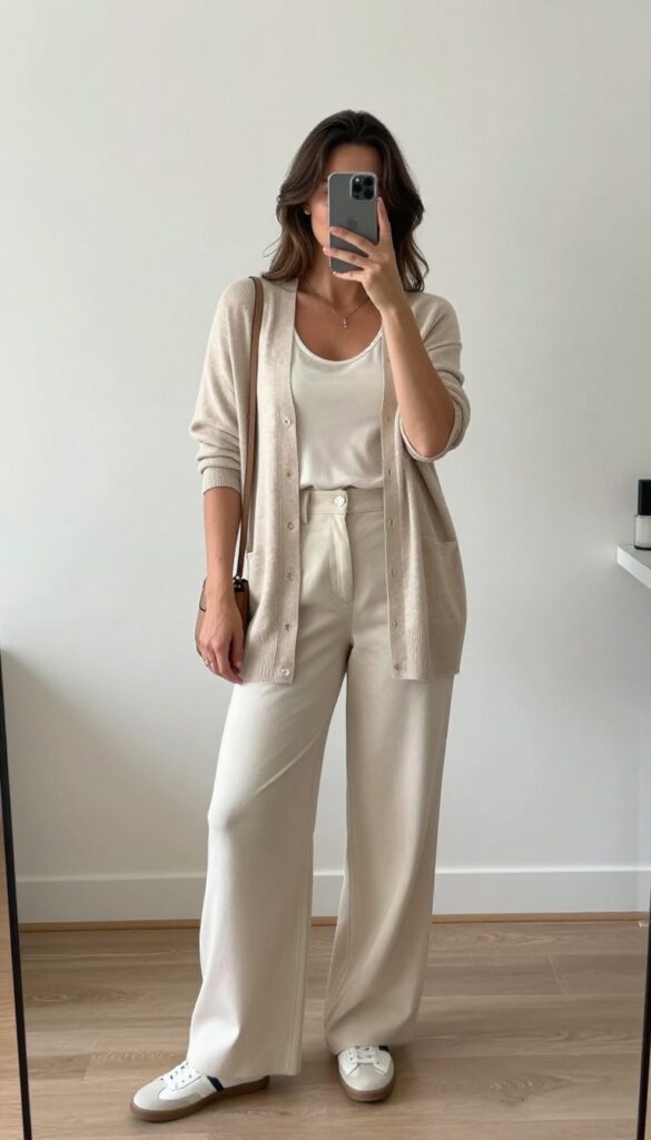6. Lightweight Cardigan Over a Sleeveless Blouse and Wide-Leg Trousers
