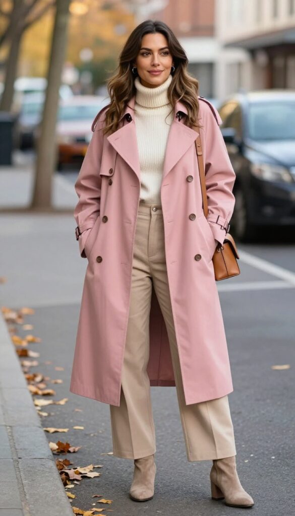 2. Blush Trench Coat over Neutral Layers